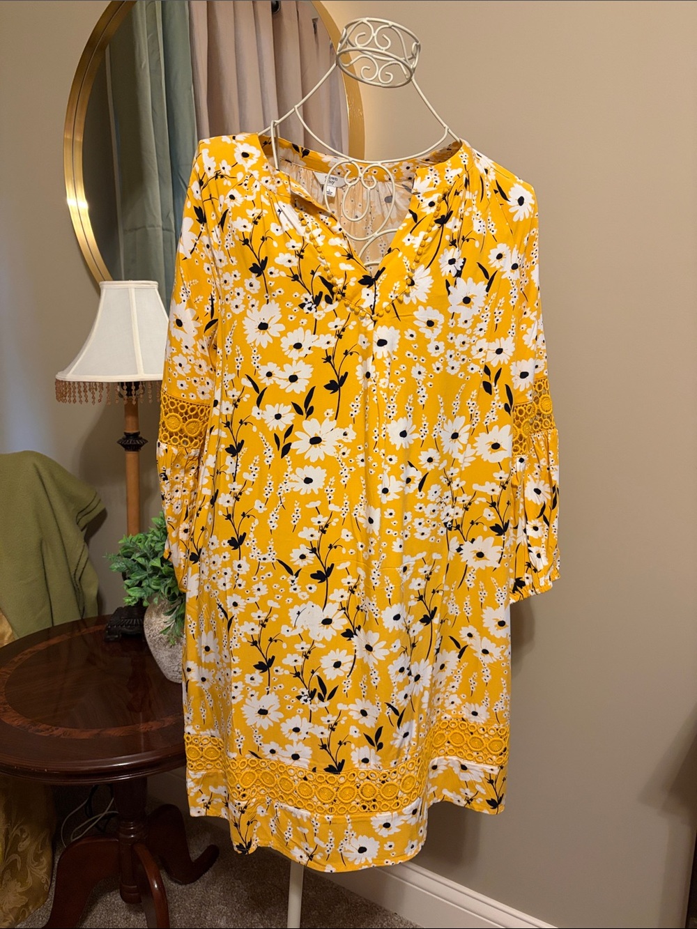 crown & ivy Mustard Yellow Floral Long Sleeve Tunic Dress